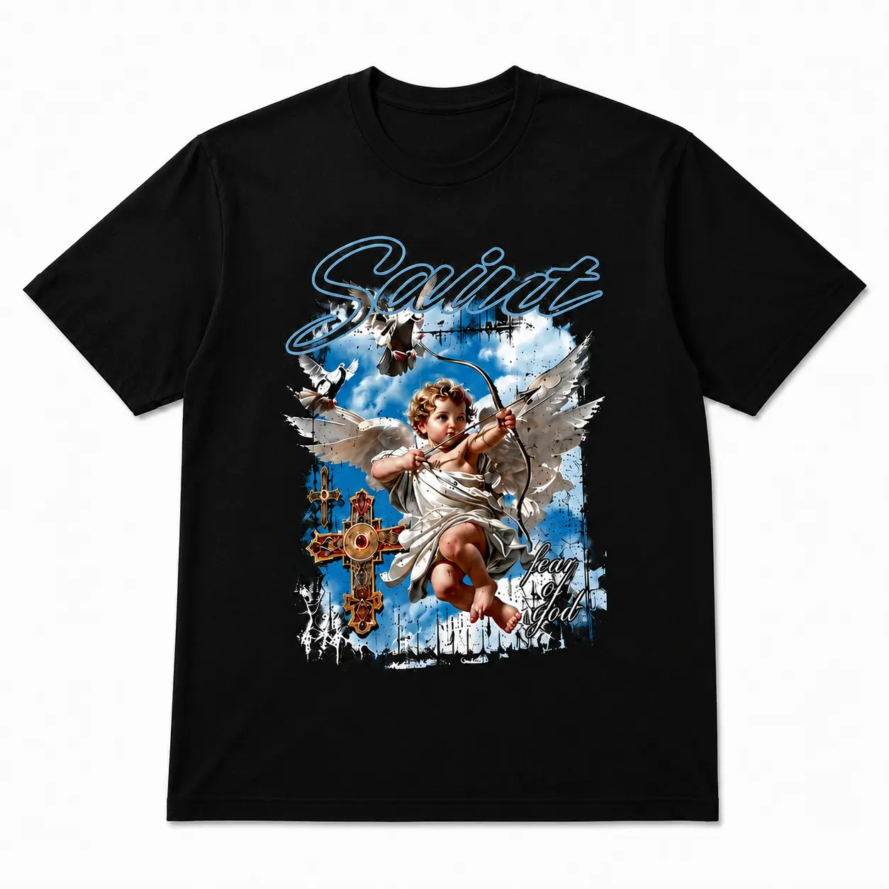 Vintage Cherub Angel Sky Graphic Oversized Tee, Retro Heavenly Peace Dove Cross Art Casual Street T-Shirt Unisex