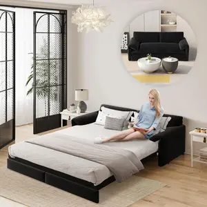 66" Futon Sofa Bed Queen Size, Pull Out Bed, 3-in-1 Convertible Sleeper Sofa Bed with Side Pocket, Modern Velvet Futon Couch for Living Room, Small Space, Apartment, Bedroom, Black