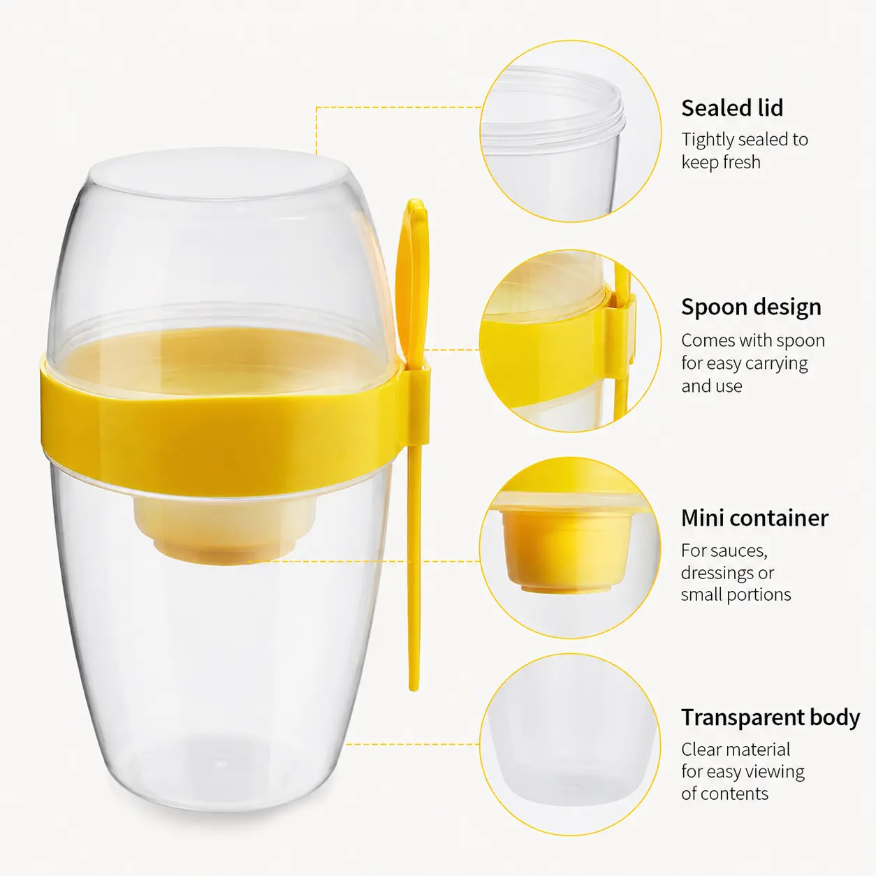 1 Piece Double Layer Separated Salad Cup, Leak Proof Storage Container with Attached Spork for Yogurt Nuts Snacks, for Office Picnic Home On The Go Use