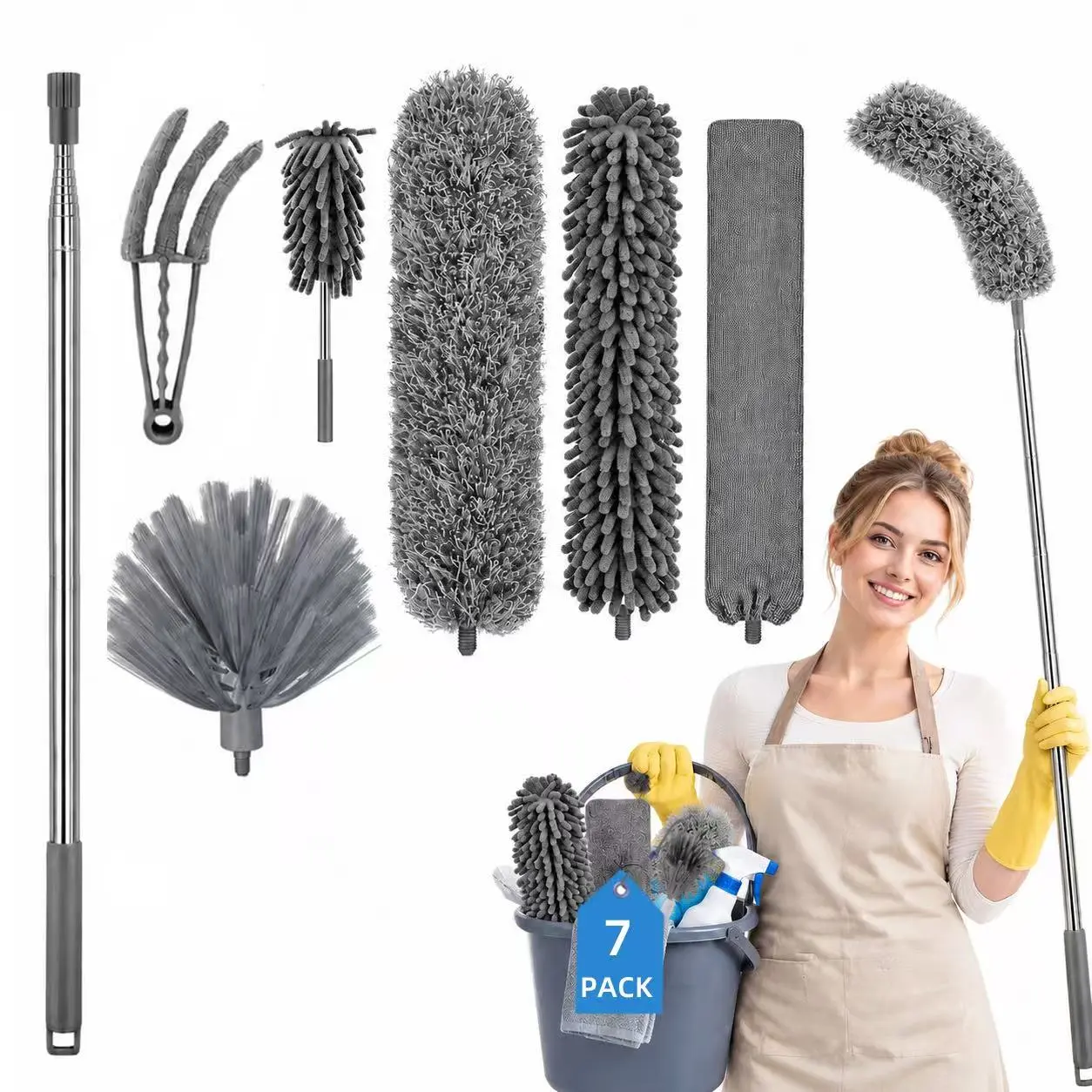 Microfiber Cleaning Kit with Extendable Pole, Bendable Head, Handle Duster Heads, Ceiling Fan Tool, Cobweb Remover, Crevice Brush for High Ceilings, Blinds, Hard-to-Reach Areas, With Handle Dusters/Duster Heads