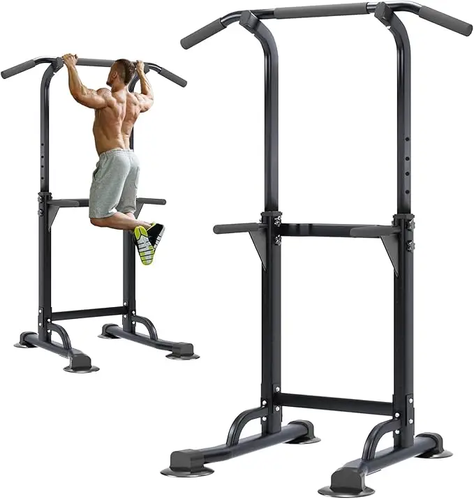 Power Tower Dip Station Pull Up Bar 32.3' H-Shaped Base Height Adjustable 330lbs Multi-Level Suction Cups 10 Levels for Home Fitness Use Whole Body Wo