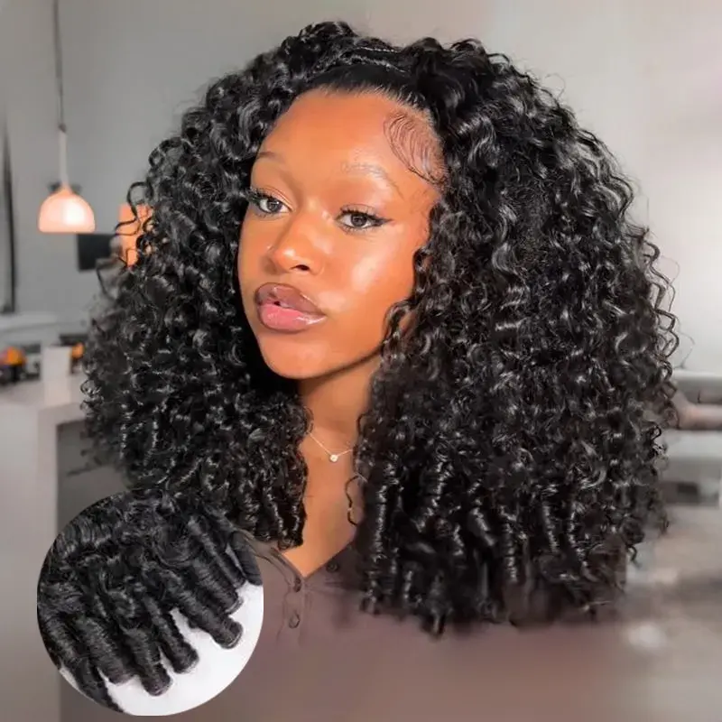 Burmese Curly Half Wig Human Hair for Women Virgin Hair Glueless Half Wigs Minute Install Beginner-Friendly Machine Made Wig with Drawstring Cap Invisible Hairline Clip in Half Wig with Combs Upgraded Natural Black 14-26 Inch