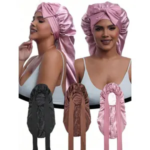 Microfiber Hair Towel and Silk Bonnet Set 1Pc Women's Pink Elastic Tie Band Long Satin Silk Bonnet Hair Cap Curly Hair Wrap Sleeping Cap For Long Hair, Braids, Dreadlocks, Curly Hair Silk Bonnet Satin Bonnet Bow