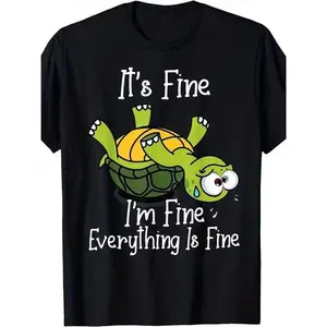 Men's Funny Sarcastic Turtle "I'm Fine Everything Is Fine" Graphic T-Shirt, 180G Soft Cotton Short Sleeve, Green Turtle Single Print Casual Outfit, Perfect for Christmas & Wedding Gift, Humorous Men's Apparel