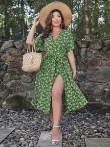 Plus Size Women's V Neck Waist Cinching Woven Dress, Casual Summer Vacation, Elegant Floral Pattern, Fitted Style, No Ca Prop 65