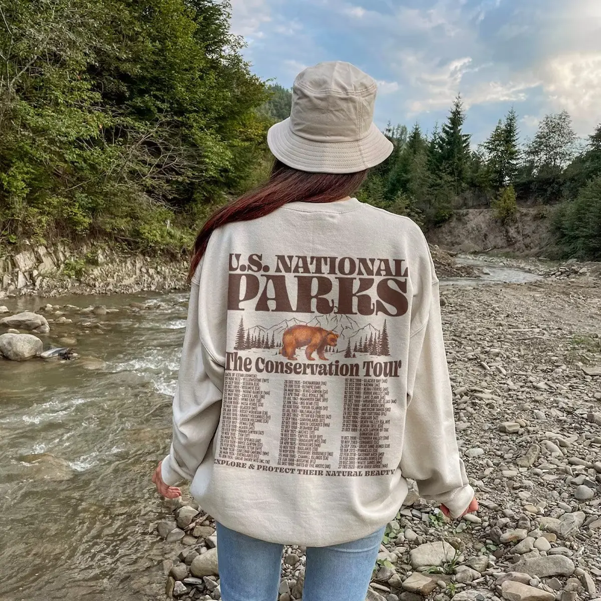 2 sides - 63 National Parks Crewneck Sweatshirt - Vintage Mountain Crewneck Park Ranger Environmental Camping Clothes Granola Girl Grizzly Bear Wildlife Sweatshirt