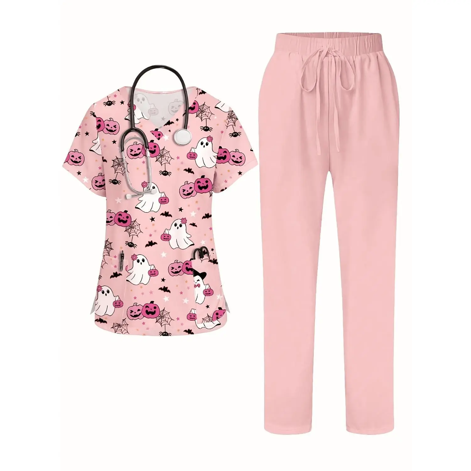 Women's 2-Piece Halloween Pumpkin Ghost Print Separable Scrub Set - Short Sleeve Breathable Comfort Work Uniform with Multi-Pockets, Cute Playful Printed Nursing Workwear Set Workwear Uniforms Set Nurse Scrubs Set