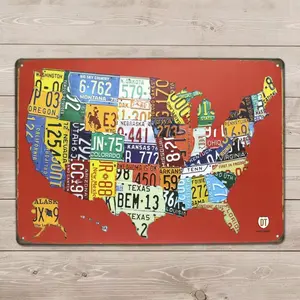 Vintage Style License Plate Map, 8x12in Metal Route 66 USA Map License Plate Sign, Charming & Appealing, Perfect for Garage, Bar, and Home Wall Decor