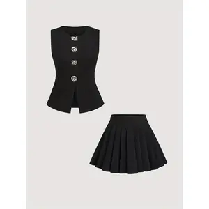 Elegant Women's Button Front Vest Top & Pleated Mini Skirt Set, Fashionable Office Wear, Simple Style, Perfect for Dates & Campus Life