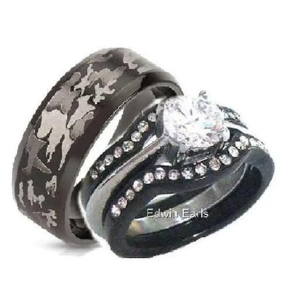 His & Hers 4-Piece Matching Rings Set - CZ Accents, Black-Plated Stainless Steel, Camouflage Design, Daily Wear Fashion Rings