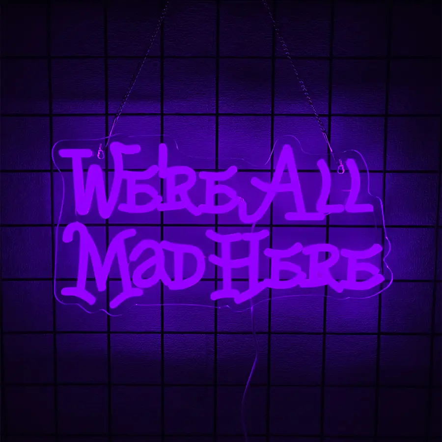 We're All Mad Here Purple Neon Sign for Wall Decor, Decorative Light Decor, Alice In Wonderland Party Decorations for Bedroom Home Dorm Wedding Party Bar Pub Salon Christmas Gifts Led Neon Lights