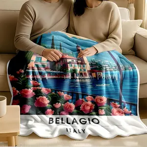 1 piece Lakefront scenery of Bellagio, Italy themed flannel blanket - Oversized comfortable flannel sofa blanket, suitable for beds and sofas, modern geometric pattern design, all-season use, digital printing, 100% polyester material, machine