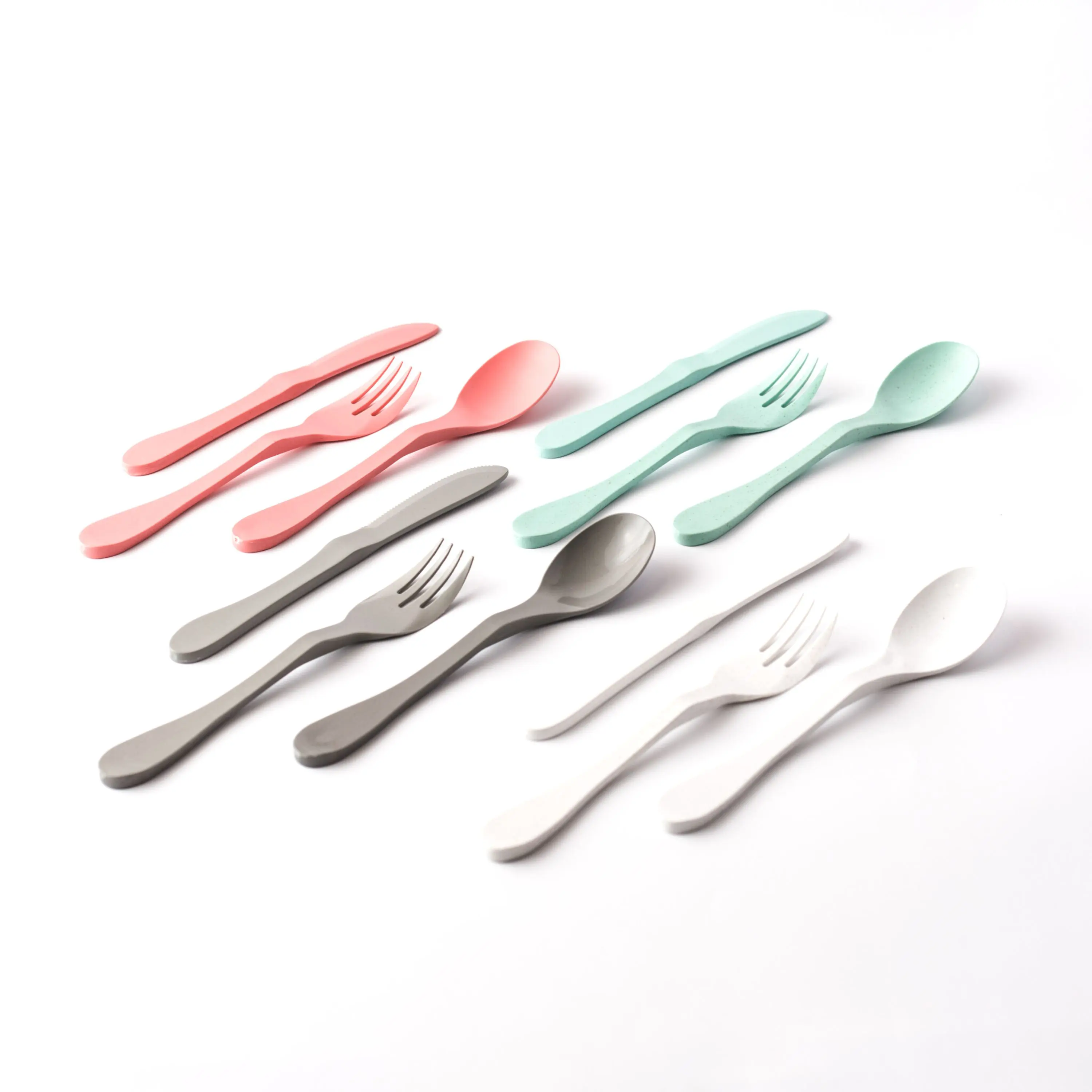KNORK (Mint, coral, white, gray) Eco 12 Piece (Fork, Knife, Spoon) Biodegradable Bamboo Reusable Flatware Set Cutlery Tableware