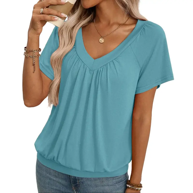 Women's Flowy V Neck Short Sleeve Top Pleated Blouse