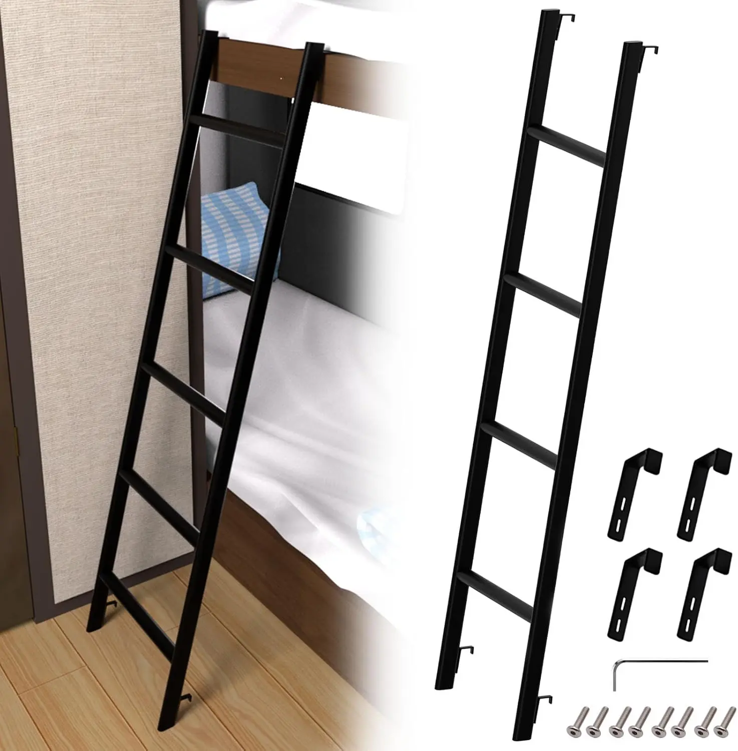 RV Bunk Bed Ladder 45"/50"/55"/60"/66"/72'', Heavy Duty Travel Trailer Bed Ladders with 4 Hook and Foot Caps, Metal  Bed Step Ladder for  Dorm Appartments, Load 330 LBS (55inch / 140cm, Black)