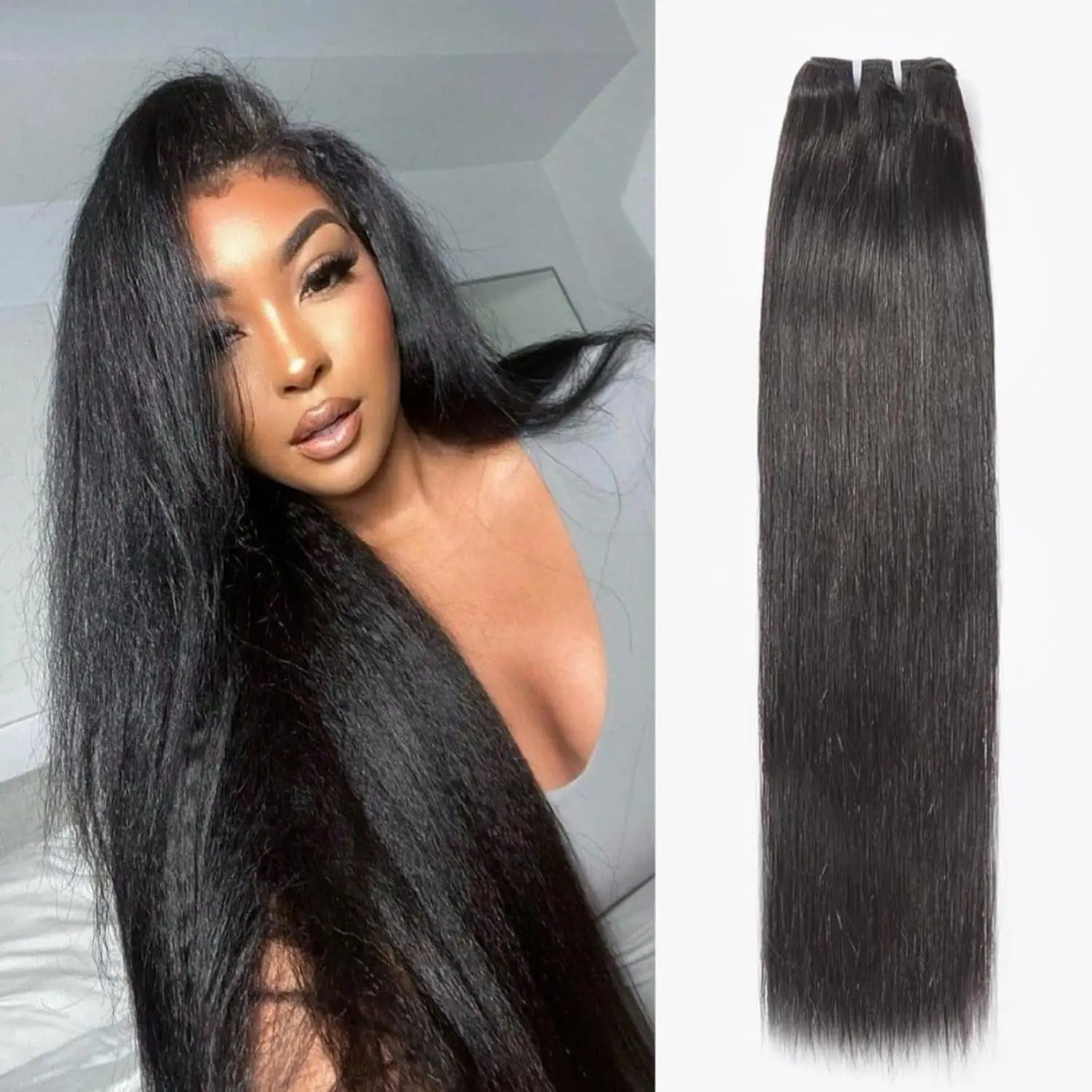 Women's Yaki Straight Pure Protein Synthetic Fiber Hair Bundles - 3 Packs Flat Wefts Sew In/Quick Weave Extensions, Natural Look, 1B Color, 22-24-26 Inch Bundle Form