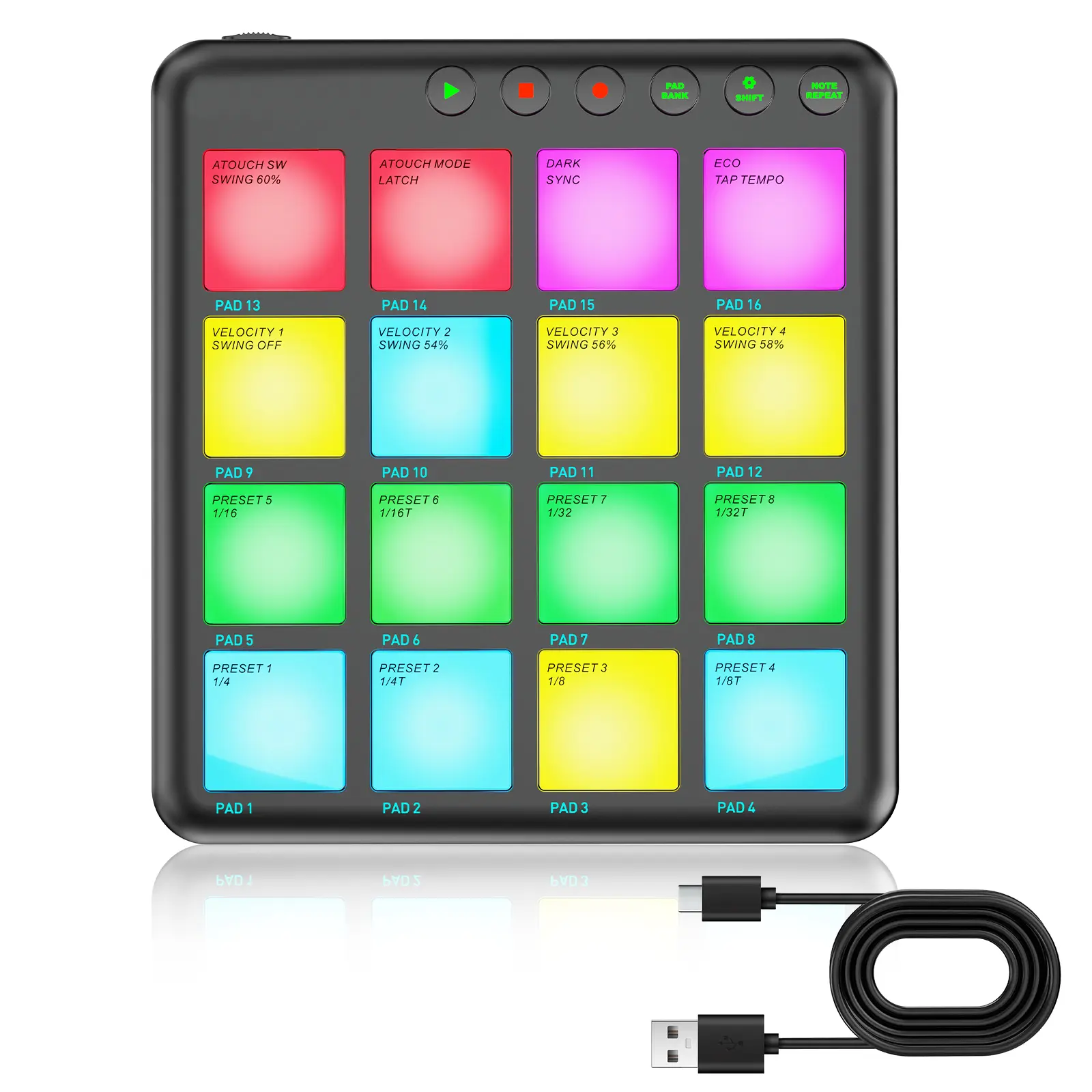 MIDI Pad Controller - Wireless Connection, 16 RGB Beat Pads, Portable Music Production Tool for Beginners, Compatible with Laptops, Tablets, Phones