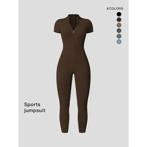 Women’s solid-color zip mock-neck sports jumpsuit, Summer 2024 outfits, casual sporty high-waisted quick-drying jumpsuit for yoga, gym workouts, ladies summer sportswear, sporty comfortable jumpsuit