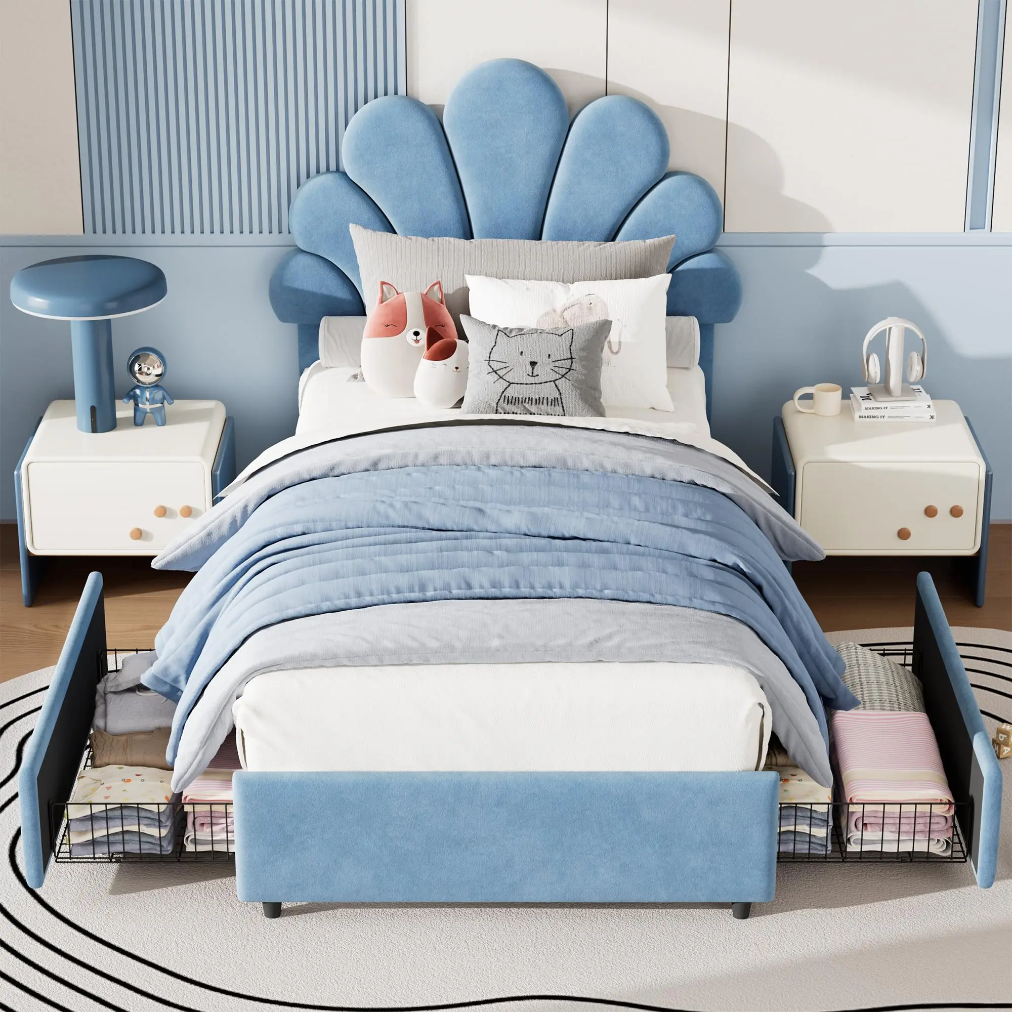 Twin Size Blue Velvet Princess Platform Bed with Upholstered Adjustable Headboard for Kids, 2 Storage Drawers, Solid Wood Slats for Comfortable Support, Ample Under-Bed Storage, No Box Spring Needed, Easy & Quick Assembly