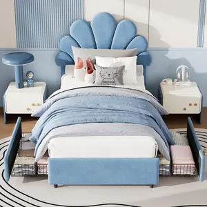 Twin Size Blue Bed Frame for Kids - with 2 Storage Drawers, Cute Velvet Princess Platform Bed with Upholstered Headboard for Girls/Boys, Solid Wood Slats Support, No Box Spring Needed, Easy Assembly