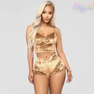 Anygoal Women's Velvet 2 Piece Outfit Spaghetti Strap Crop Top Shorts Pajamas Set Sleepwear Nightwear, Babydoll Lingerie Satin Pajama Set,Camisole with Shorts 2 Piece Sleepwear, Bedroom Wear and Cozy Nights,summervibes,bikini