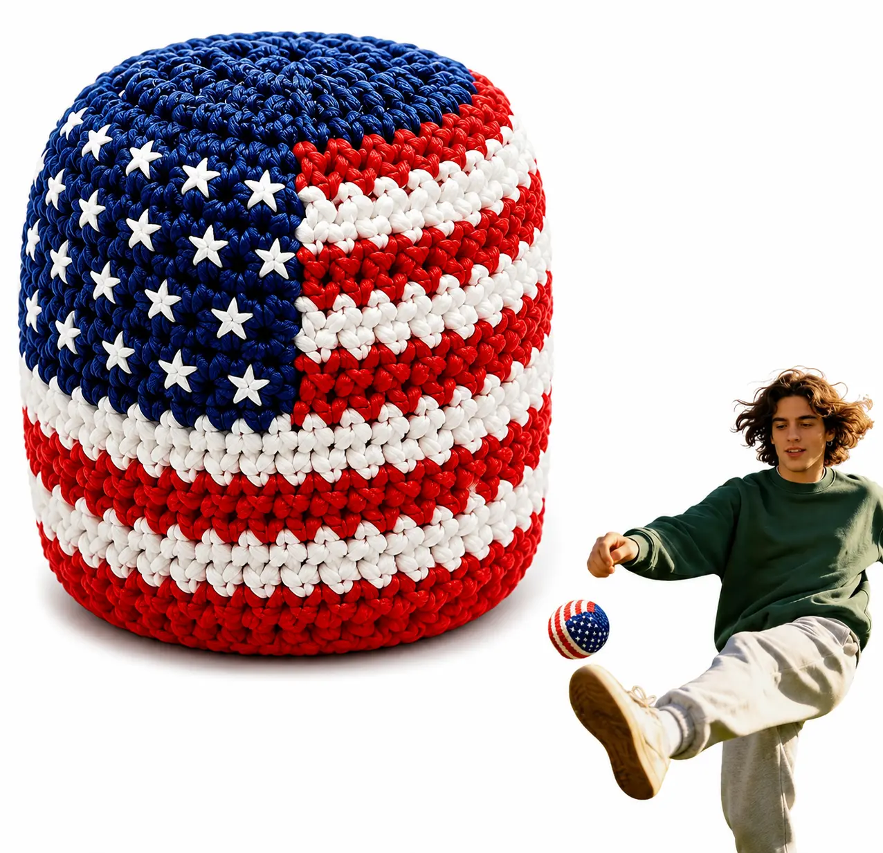 Best Funny Patriotic Crochet Footbag Toss Game, American Flag Knitted Sandbag Toy for Hand Eye Coordination, Ultra Soft Durable Lightweight Safe for Kids Teens Adults, Great for Backyard Beach Park Outdoor Play, Perfect 4th of July Independence Day Gift