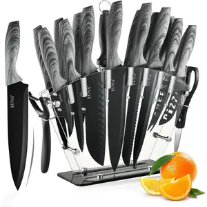 EUNA Knife Block Set, 19-Piece Kitchen Knife Set, Acrylic Block and Knife Sharpener, German High Carbon Stainless Steel Knife Set, Includes 6 Serrated Steak Knives, Bread Knife, Chef Knife, Dishwasher Safe