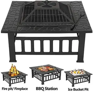 32 inch Outdoor Fire Pit Square Metal Firepit Backyard Patio Garden Stove Wood Burning Fire Pit W/Rain Cover, Faux-Stone Finish