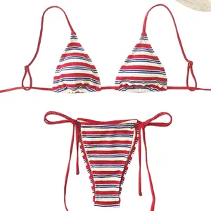 2026 New Two-Piece Set - Fashionable and Sexy Summer Beach Bikini Japanese Blue and White Striped Strappy Swimsuit
