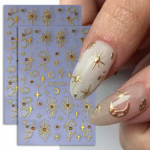 2 Sheets Bohemian Embossed Nail Art Stickers, 3D Star Moon Design Nails Decals with Rhinestone, Perfect for Women & Girls Manicure Set, Elegant Rhinestone Decorated Star Pattern Rhinestones