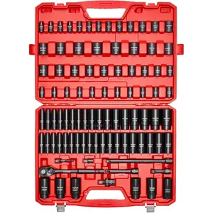 VEVOR Impact Socket Set 3/8 Drive, 90 PCS, CR-MO, SAE 1/4-3/4 Metric 6-19mm, with Shallow Deep Sockets, Swivel E-Torx Bit socket Sockets, Extension Bars, Adapters, Universal JointVEVOR Super Brand Day