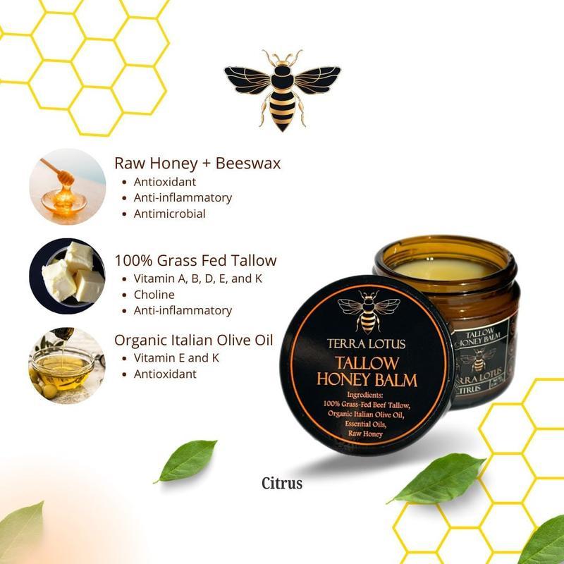 Terra Lotus Organic Grass-Fed Beef Tallow Balm with RawHoney - Handmade All-Natural Moisturizer for Soft, Smooth,Radiant Skin