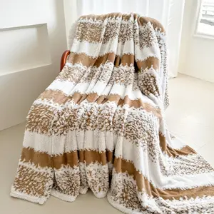 1PC striped ins style grain jacquard flannel blanket - coffee and white stripes, soft and comfortable, all-season universal office nap shawl or bed blanket, simple modern design, warm leg blanket | Elegant Bedroom Decor | Multifunctional blanket.