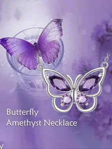 Women's Butterfly Necklace, 925 Sterling Silver Crystal Pendant, Birthstone Amethyst Jewelry Gift, Elegant Fashion Accessory