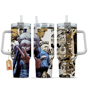 [Sip40 Otaku] Trafalgar D. Law 40oz Handle Tumbler – Pirate Surgeon Stainless Steel Travel Mug, Anime Manga Collage Wrap Cup, Double Wall Thermal Drinkware, Large Iced Coffee Tumbler, Otaku Collector Gift