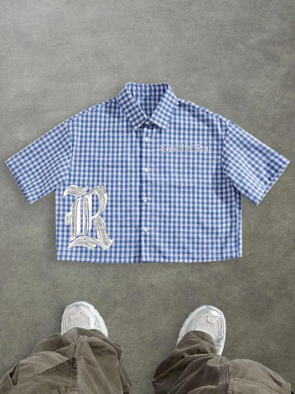 Unisex's Casual Fashion Gingham Street Checkered Graffiti Gothic Print Box-Fit Cropped Button-Up Shirt Men's Cropped Tops Unisex's Casual Fashion Gingham Street Checkered Graffiti Gothic Print Box-Fit Cropped Button-Up Shirt Men's Cropped Tops