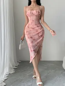 New Bridesmaid Dress Sister Dress, Rose Print Mesh Dress, Elegant Slim-Fitting A-Line Split Design, All Seasons Wear