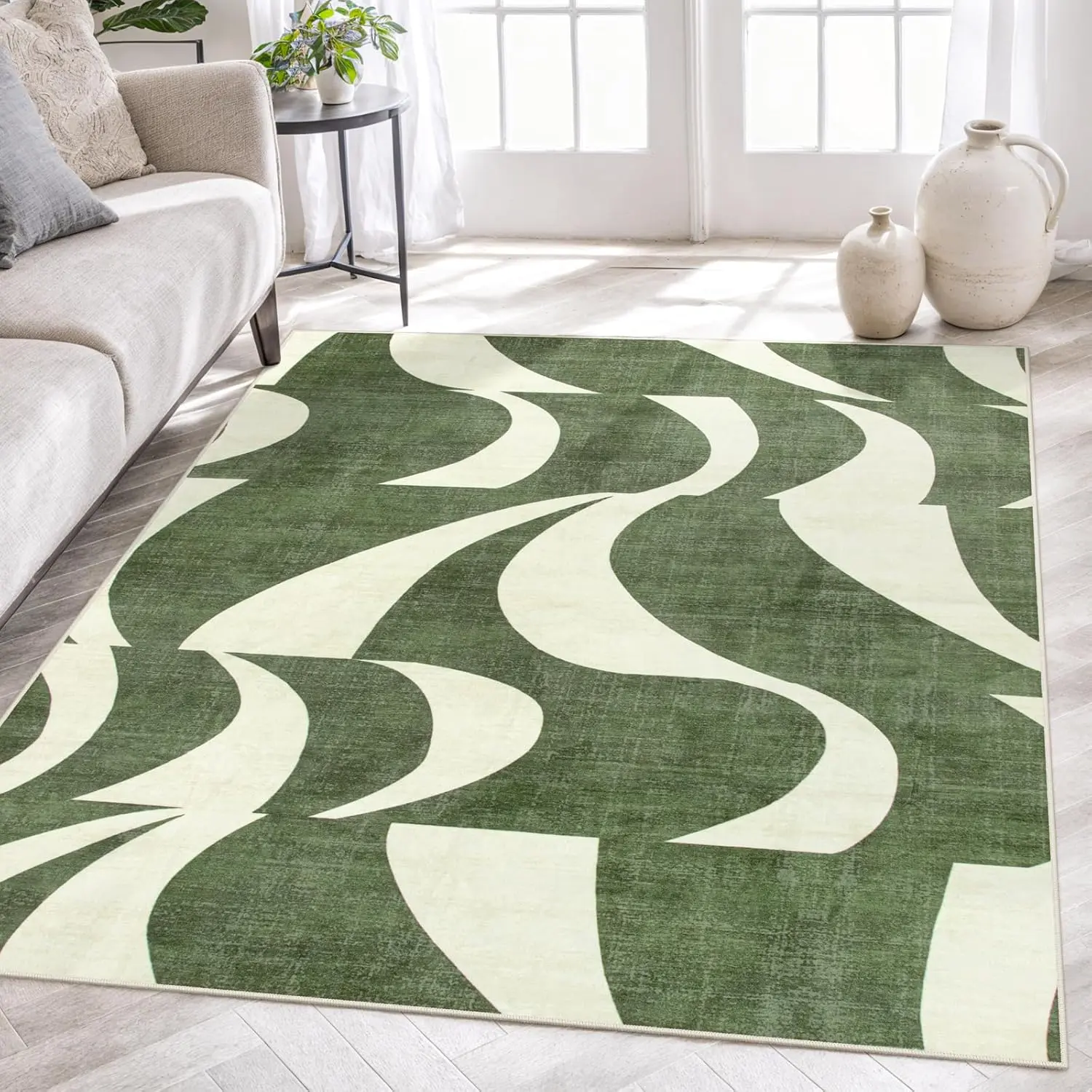 Abstract 5x7 Rug,Low-Pile Soft Green Rugs for Living Room,Retro Swirl Indoor Floor Carpet Washable for Dining Room Office Bedroom Entryway Non-Slip (5x7ft,Sage Green)