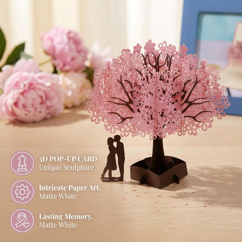 Handmade Cherry Blossom Card Pop Up 3D Flower Romantic Love Letter Greeting Anniversary Wedding Valentine Birthday Gift Card Blank Stationery Paper for Her Him Husband Wife