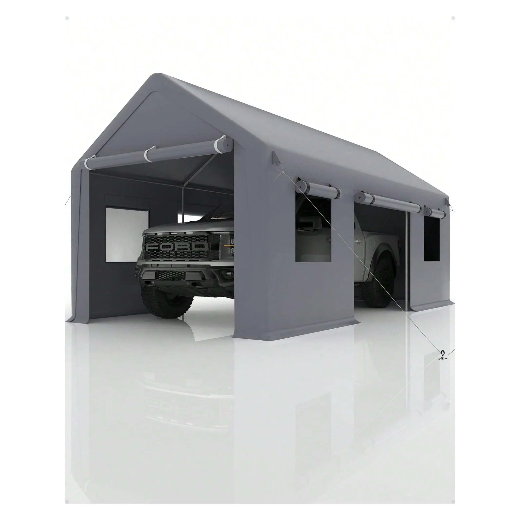 grey- 12x20 Ft Carport, Car Port With 200g PE Tarp, Roll-Up Doors, And 4 Windows, For Full-Size Pickups, Bass Boats, Tractors, And SUVs, Gray Sun Shade Canopy Heavy Duty Canopy