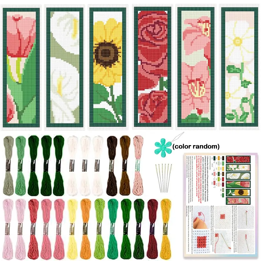 6-Piece Cross Stitch Bookmark Kit, Floral Theme Handmade Set with Sunflower Daisy Rose Patterns, Beginner-Friendly Sewing Supplies, Book Accessories
