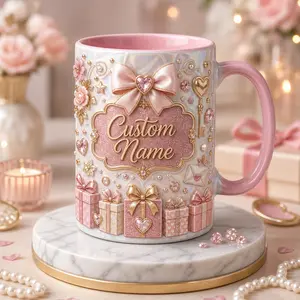 Custom Pink Bow Mug, 2D Printed 3D Effect Glitter Ribbon Gift Box Ceramic Coffee Cup for Her and Girlfriend, Personalized Cute Feminine Mug, Perfect Birthday Christmas Sweetheart Gift Idea