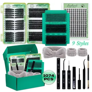 1074PCS Individual Lash Kit D Curl 9 Styles Mixed Length Cat/Spikes/Volume/Anime Lashes Kit with Bond&Seal Lash Remover Brush Lash Applicator Headband Wristband set, Perfect for Beginners&Proficient, DIY at Home Easily, for Makeup Daily