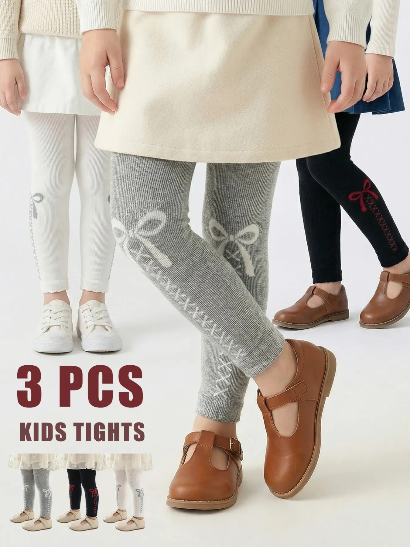 Girls' Pantyhose Tights Set of 3, Stretchy Tights, Casual Slim Fit, Medium Thickness, Suitable for Spring & Fall, Comfortable and Simple Style, Tights Stretch Set