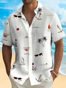 Men's Hawaiian Shirt with Coconut Tree, Sailboat & Lighthouse Print - Short Sleeve Button-Up with Pocket, Polyester, Tropical Vacation Style