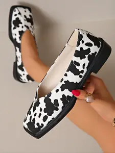 Women's Cream Color PU Leather Slip-On Flats, Casual Polka Dot Design, Rubber Sole, All Season Comfortable Work Shoes