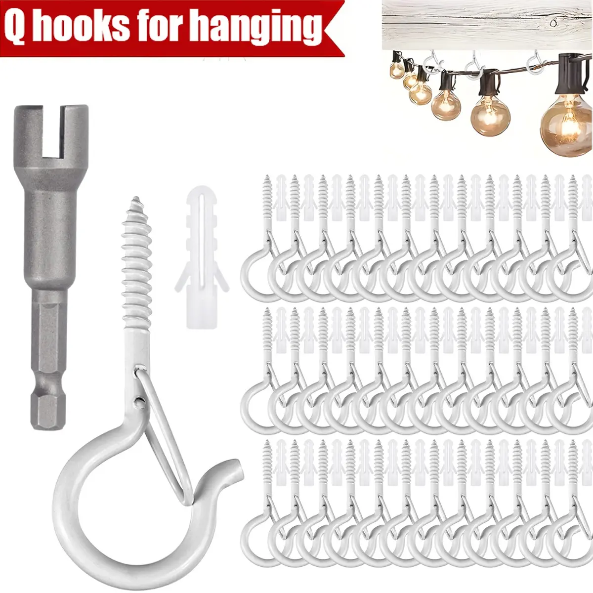30 Pcs Q Hooks, Screw-In Hooks for Outdoor String Lights, Garden Hooks with Safety Clip, Plant Pot Eye Hooks for Walls and Ceilings, Easy Installation, Hangable, Hooks for Hanging Plants