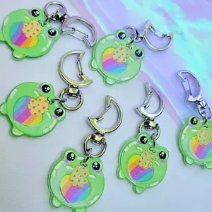 Frog Keychain Rana Cute Silver Acrylic Keyring Backpack Accessories Gift Ideas 6.1cm Lightweight Moon Snap Hook Charm