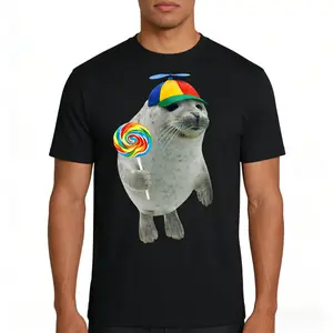 Silly Seal with Lollipop Meme T-Shirt, Unisex Short Sleeve Graphic Tee, Novelty Apparel for Men and Women, Casual Animal Humor Fashion Shirt, Streetwear Pop Culture Top