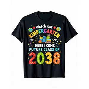 2038 Kindergarten Class T-Shirt - 100% Crew Neck Short Sleeve with Vibrant Back-to- Design (Pencils, Erasers, Numbers, Hearts & Stars) - Playful 2038 Number 2 & 0 Graphic - Boys & Girls Preschool to Kindergarten Transition Outfit  (3-13Y)